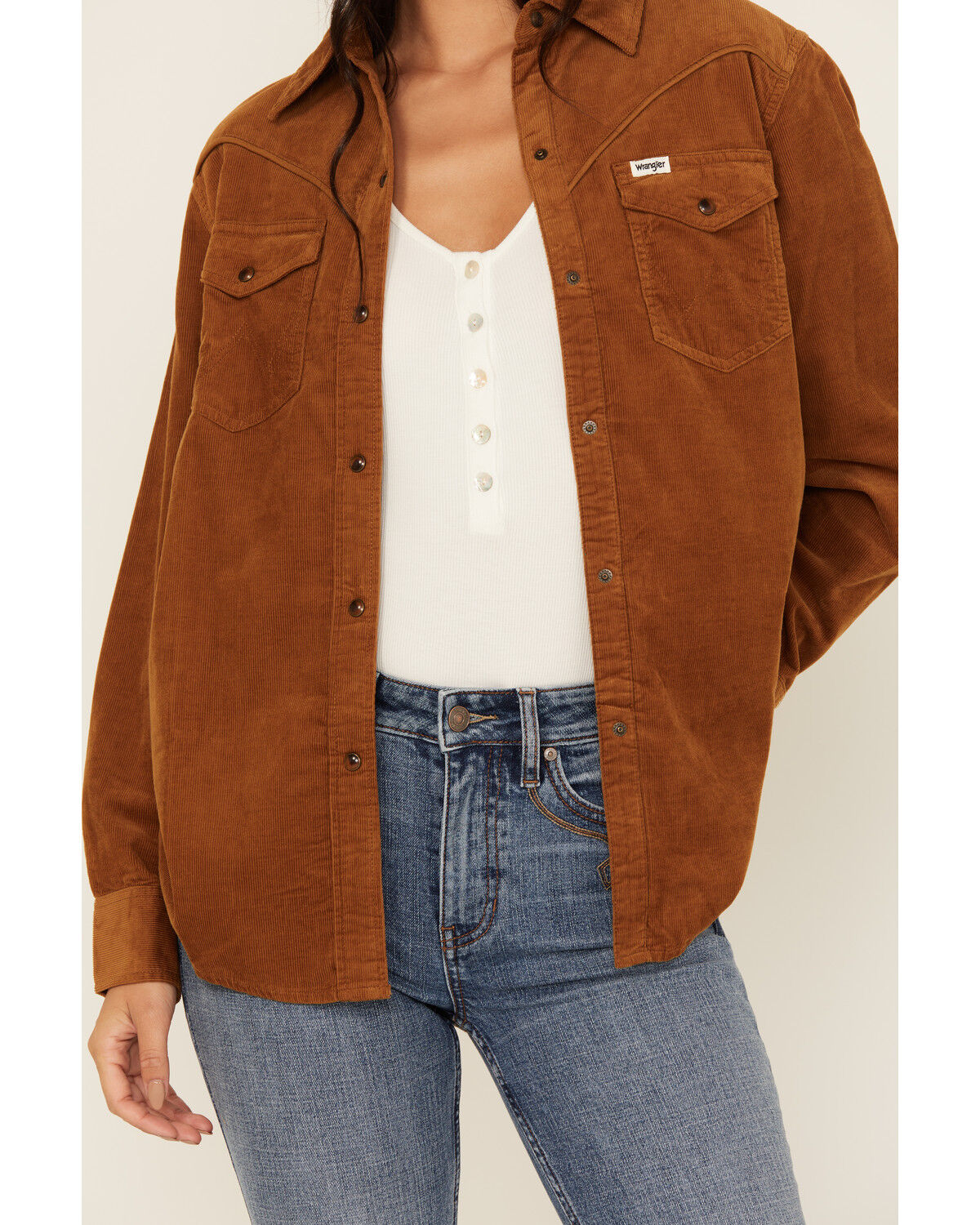 Image #3 - Wrangler Women's Solid Corduroy Long Sleeve Snap Western Shirt, Brown, hi-res