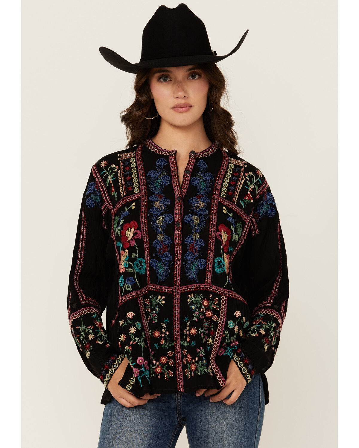 Image #1 - Johnny Was Women's Floral Embroidered Long Sleeve Blouse, Black, hi-res