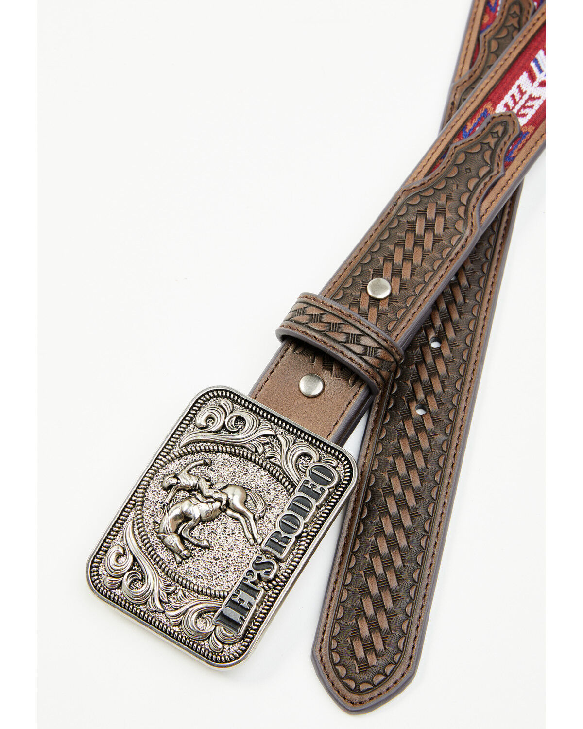 Image #2 - Cody James Boys' Rodeo Buckle Southwestern Woven Inlay Leather Belt, Brown, hi-res
