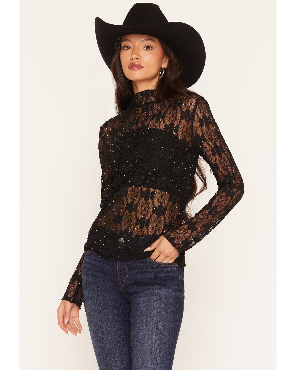 Miss Me Women's Rhinestone Lace Long Sleeve Top, Black, hi-res