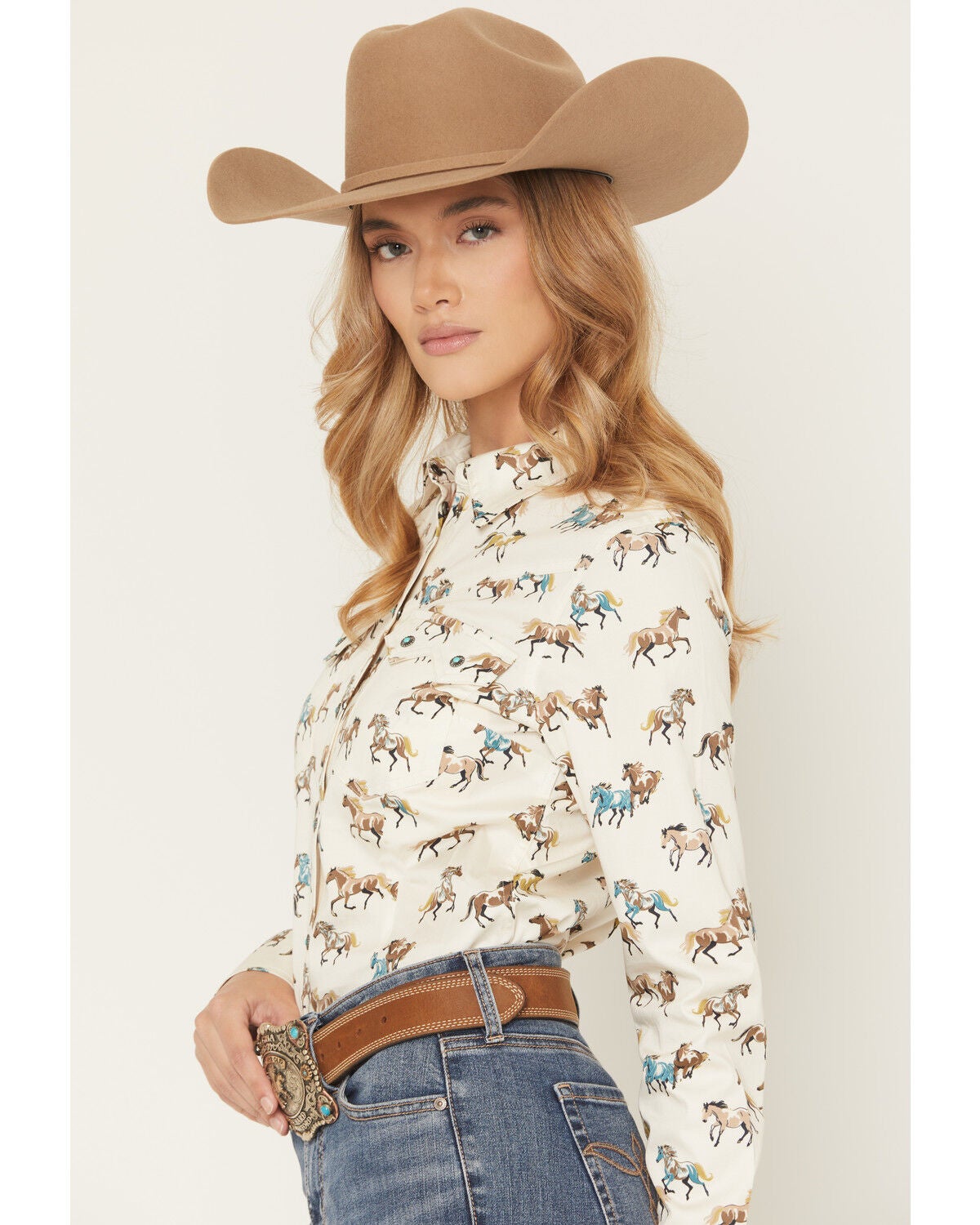 Image #2 - Shyanne Women's Horse Print Long Sleeve Snap Stretch Western Shirt, Cream, hi-res