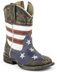 Roper Toddler Boys' American Flag Inside Zip Cowboy Boots - Square Toe, Dark Brown, hi-res