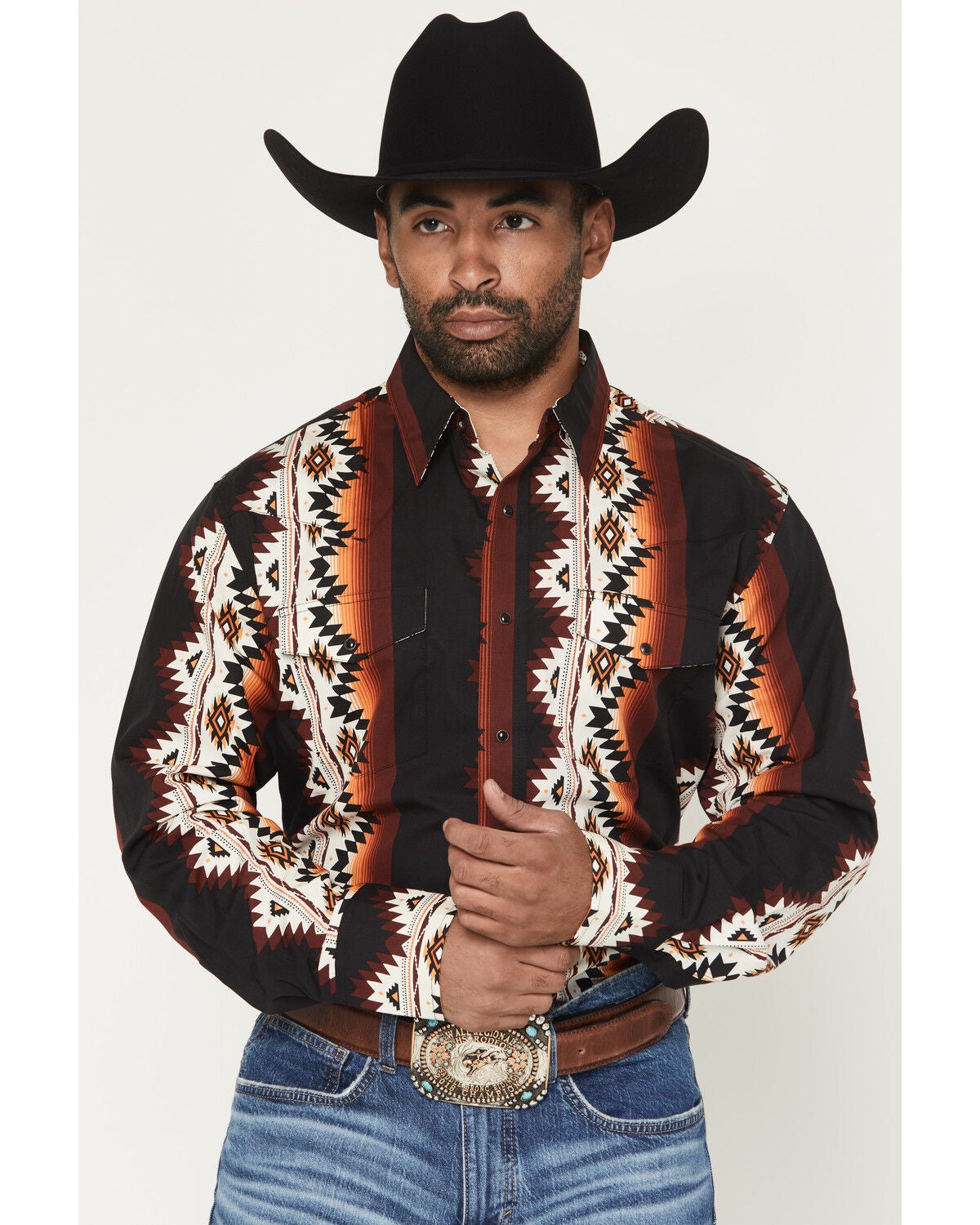 Wrangler Men's Checotah Southwestern Print Long Sleeve Snap Western Shirt - Tall, Black, hi-res