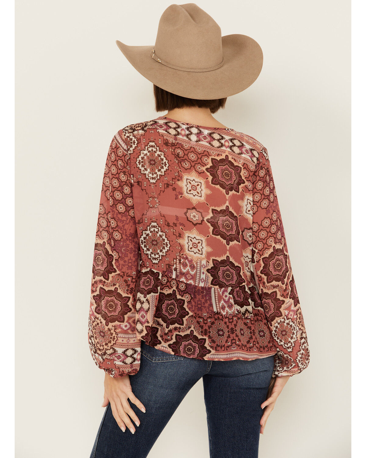 Image #4 - Shyanne Women's Printed Chiffon Long Sleeve Peasant Top, Rust Copper, hi-res