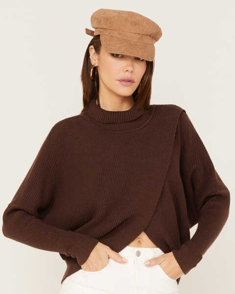 Revel Women's Mockneck Wrap Sweater, Brown, hi-res