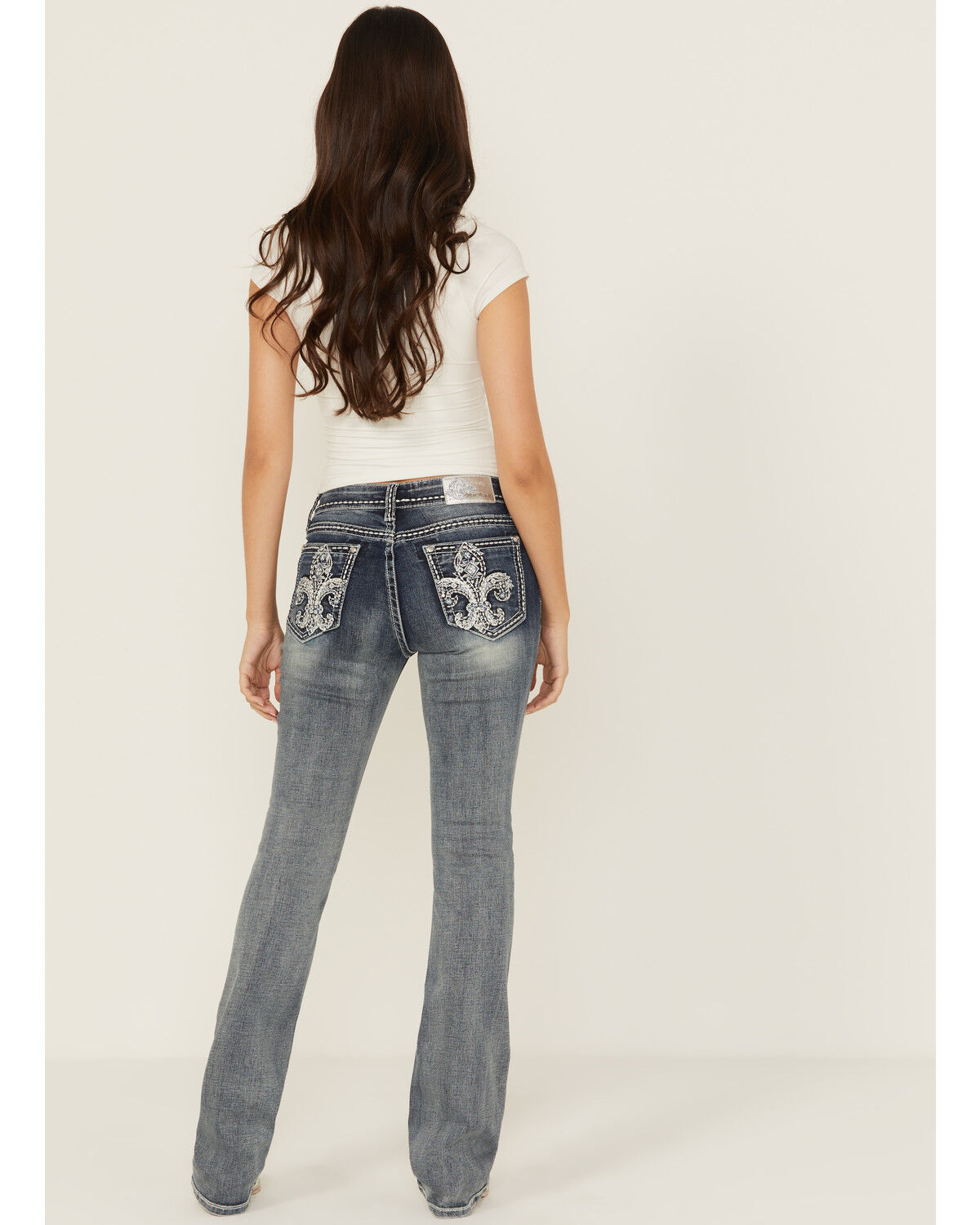Image #1 - Grace In LA Women's Medium Wash Fleur De Lis Embroidered Mid Rise Bootcut Stretch Denim Jeans, Medium Wash, hi-res
