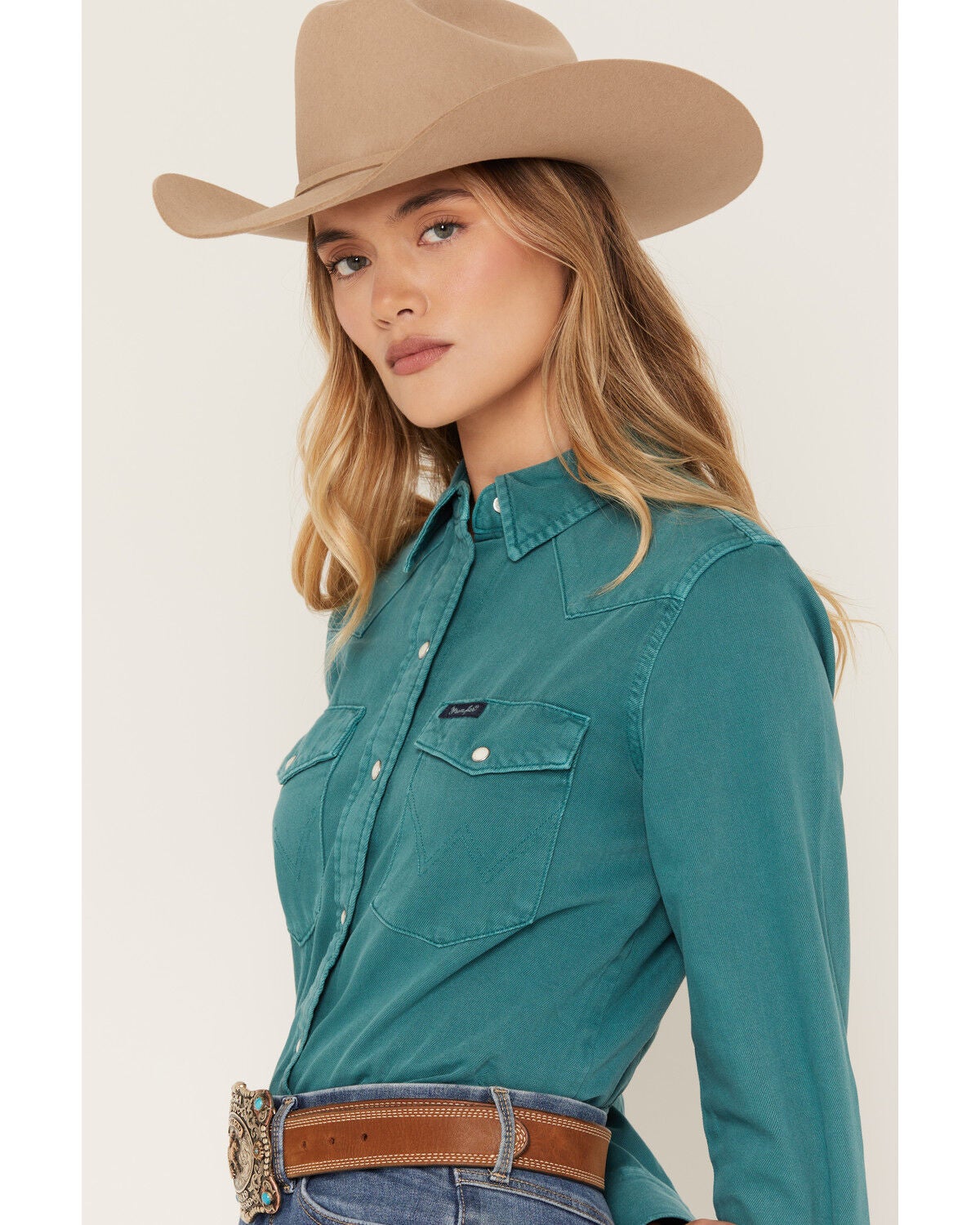 Image #2 - Wrangler Retro Women's Solid Long Sleeve Snap Denim Shirt, Turquoise, hi-res
