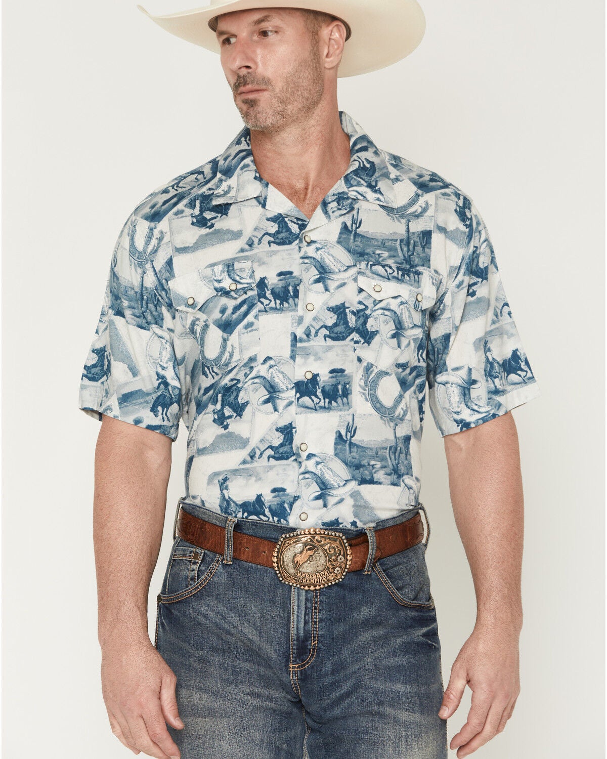 Image #1 - Wrangler Men's Coconut Cowboy Printed Short Sleeve Snap Western Shirt, Blue, hi-res