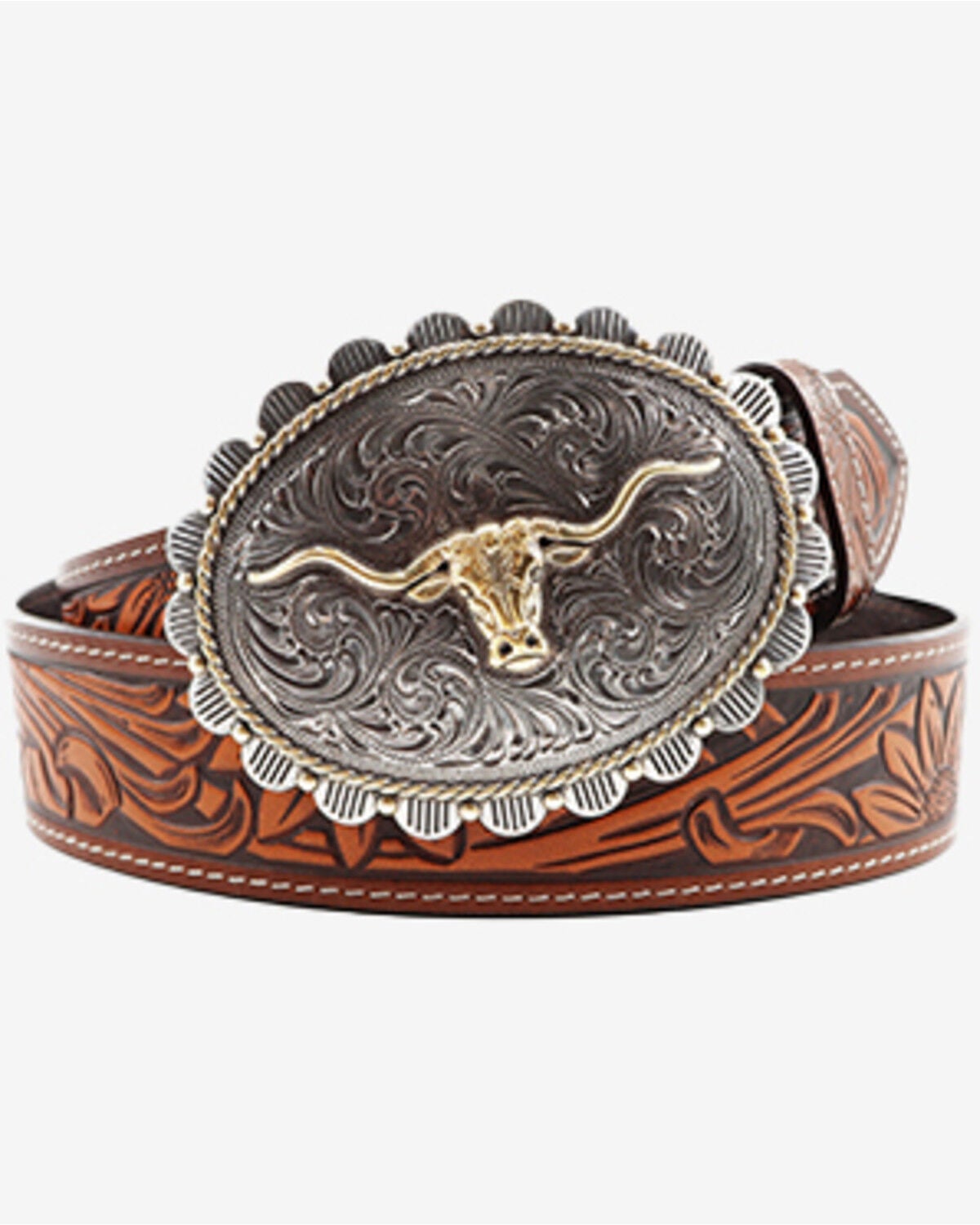 Image #1 - Shyanne Women's Tooled Longhorn Buckle Belt, Brown, hi-res
