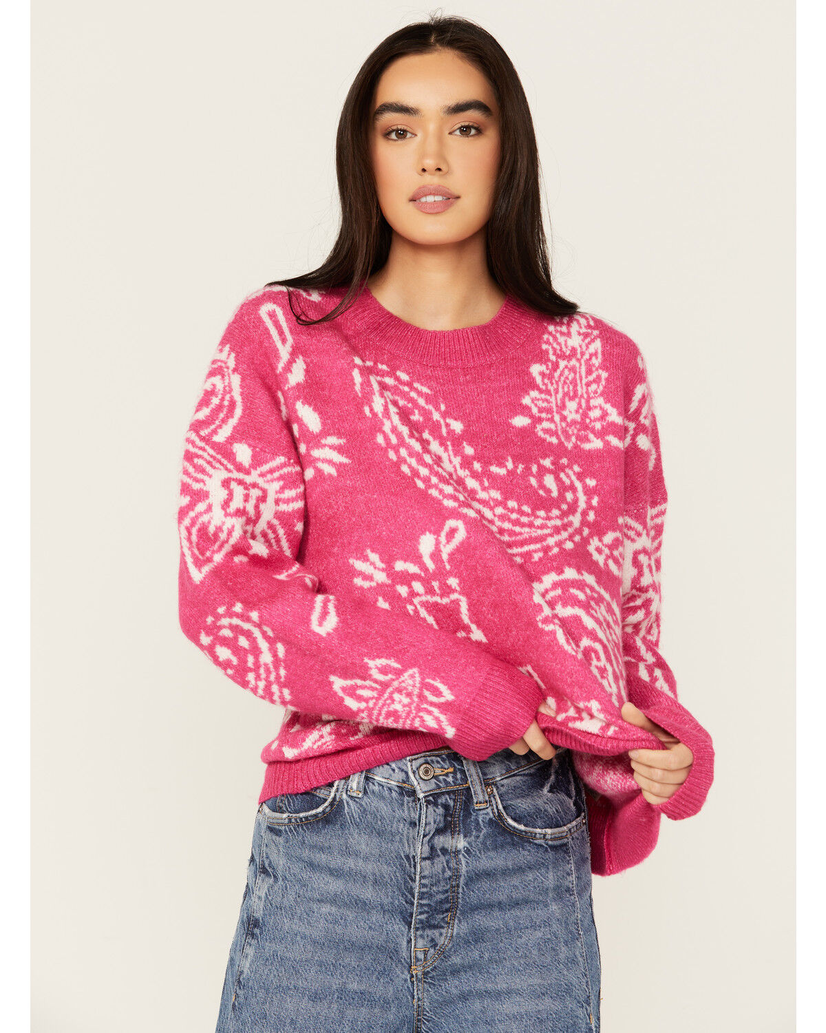 Image #1 - Very J Women's Paisley Print Sweater, Pink, hi-res
