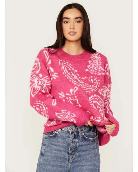 Very J Women's Paisley Print Sweater , Pink, hi-res