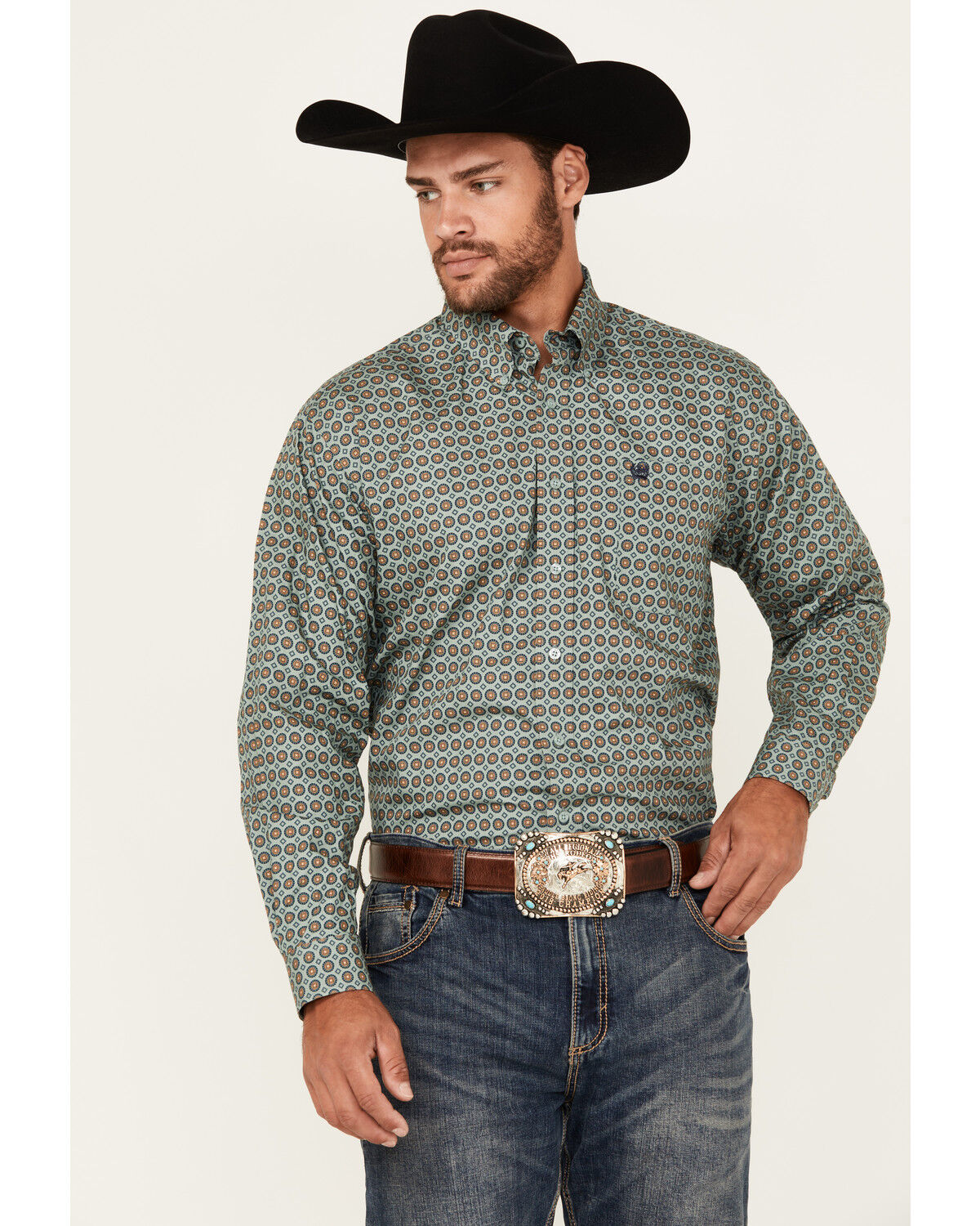 Image #1 - Cinch Men's Circle Geo Print Long Sleeve Button-Down Western Shirt, Teal, hi-res