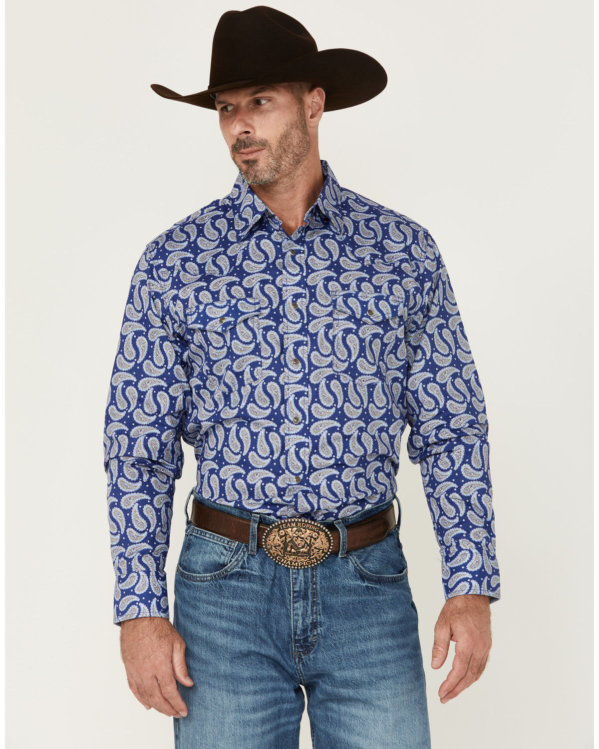 Image #1 - Wrangler 20X Men's Paisley Print Long Sleeve Snap Stretch Western Shirt - Tall, Blue, hi-res