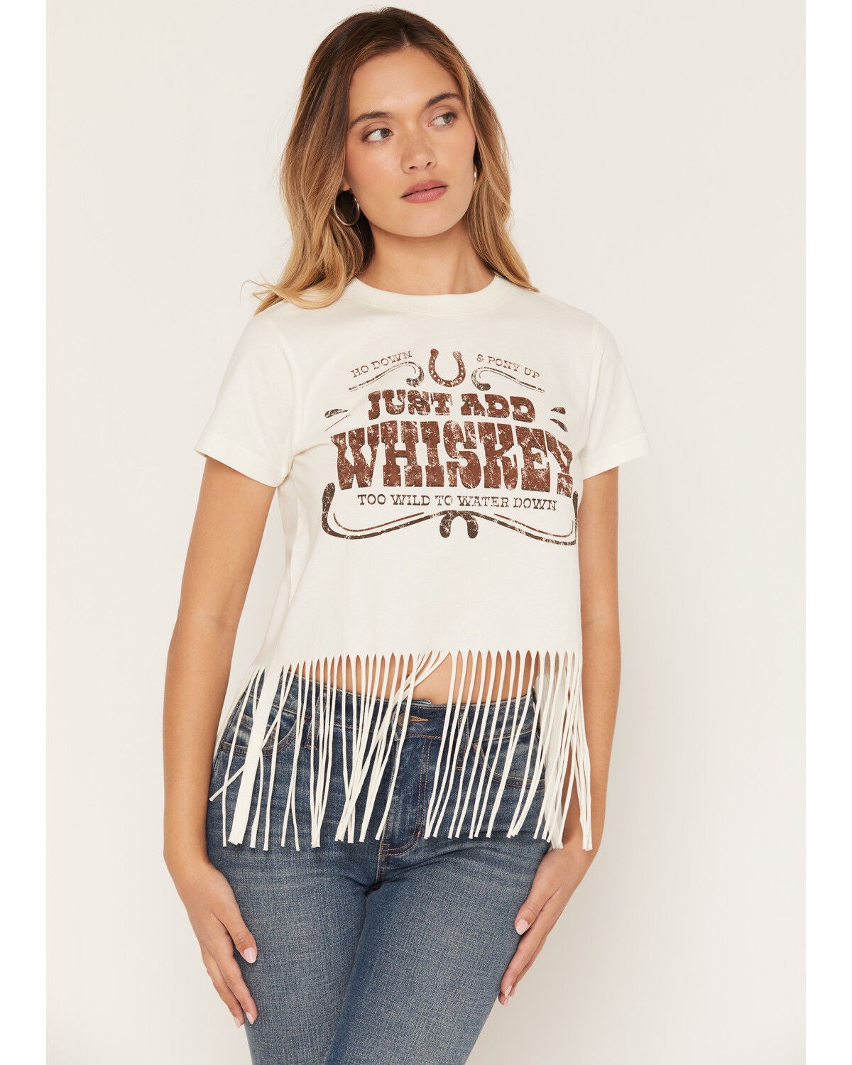 Image #1 - Shyanne Women's Whiskey Fringe Hem Short Sleeve Cropped Graphic Tee, White, hi-res
