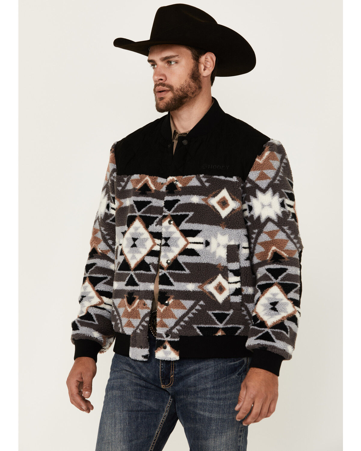Image #1 - Hooey Men's Southwestern Print Sherpa Bomber Jacket, Black, hi-res