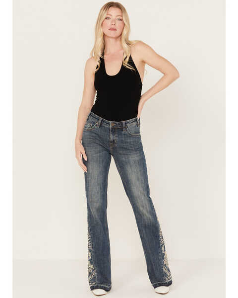 Rock & Roll Denim Women's Medium Wash Mid Rise Southwestern Print Trouser Jeans, Medium Wash, hi-res