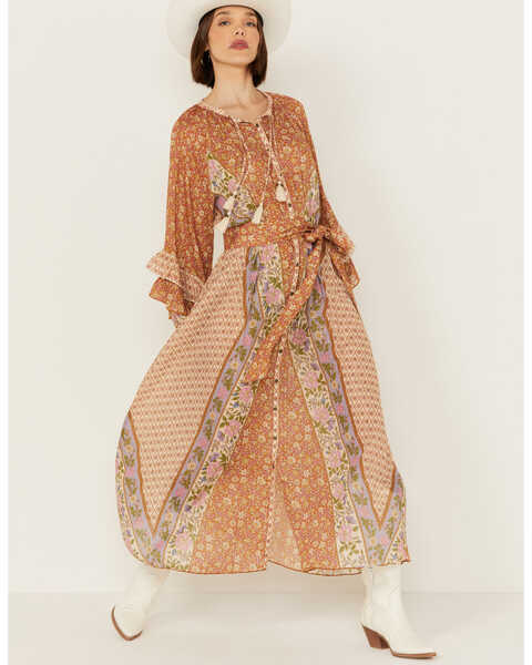 Spell Women's Sienna Long Sleeve Floral Print Midi Dress, Rust Copper, hi-res