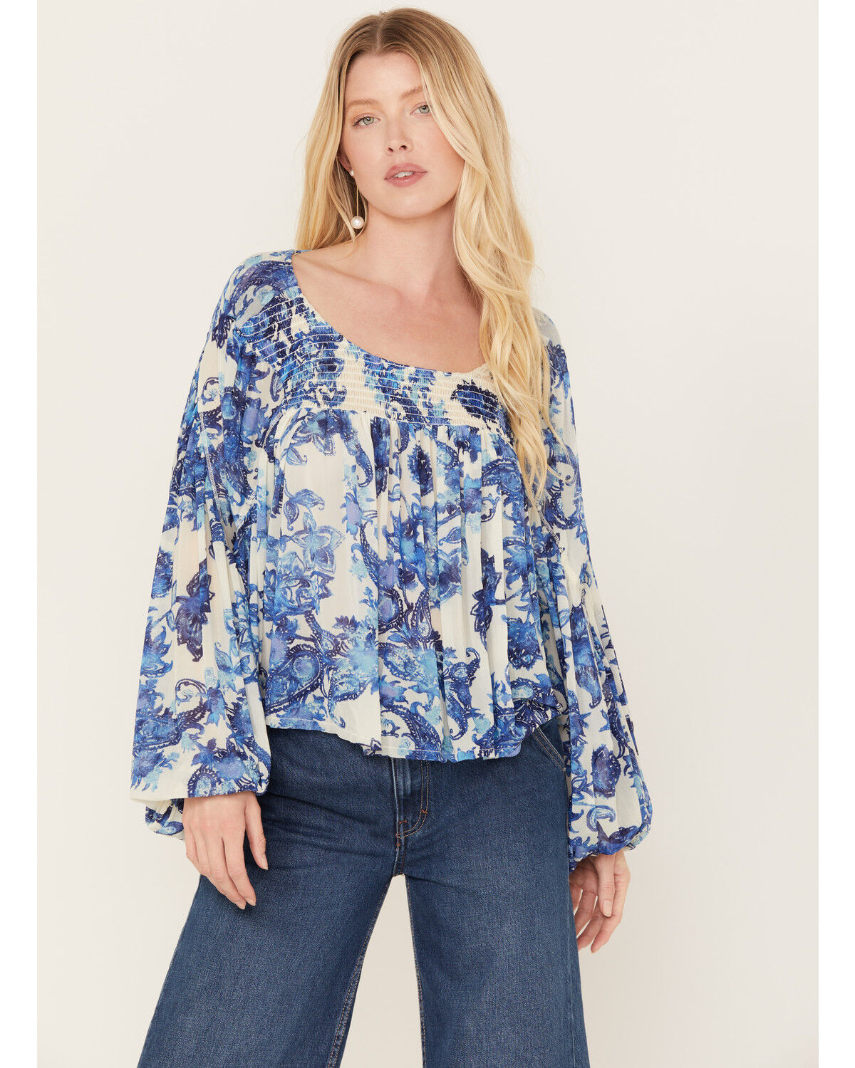 Image #1 - Free People Women's Up For Anything Western Shirt, Cream/blue, hi-res