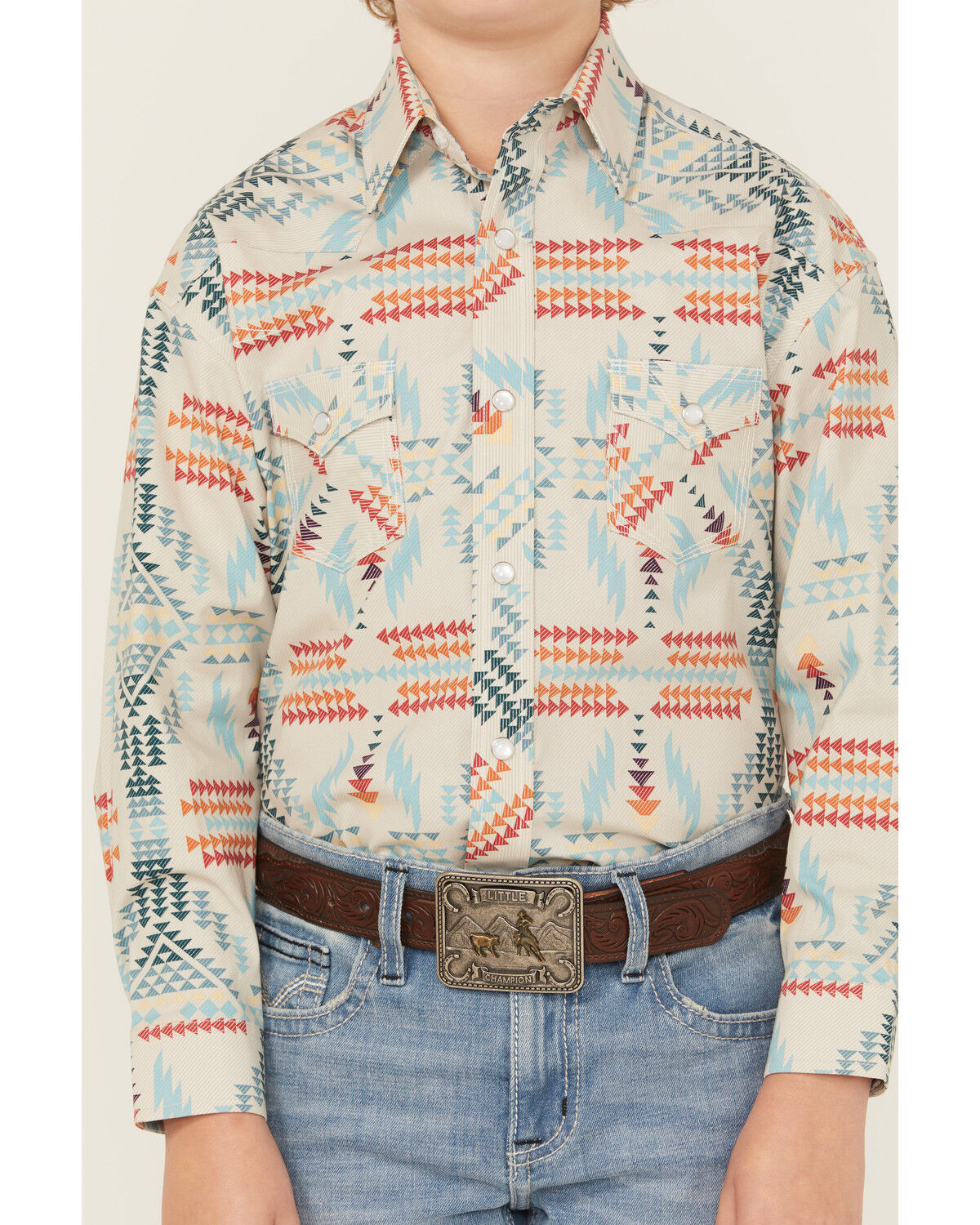 Image #2 - Rock & Roll Denim Boys' Southwestern Print Long Sleeve Pearl Snap Stretch Western Shirt, Ivory, hi-res