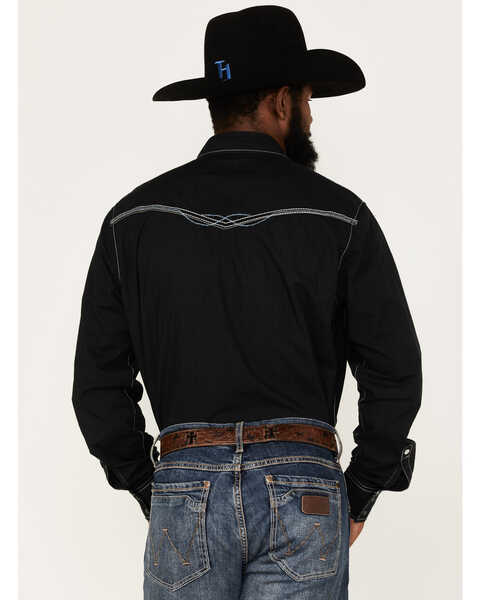 Image #4 - Rock 47 by Wrangler Men's Long Sleeve Embroidered Yoke Solid Snap Western Shirt, Dark Blue, hi-res