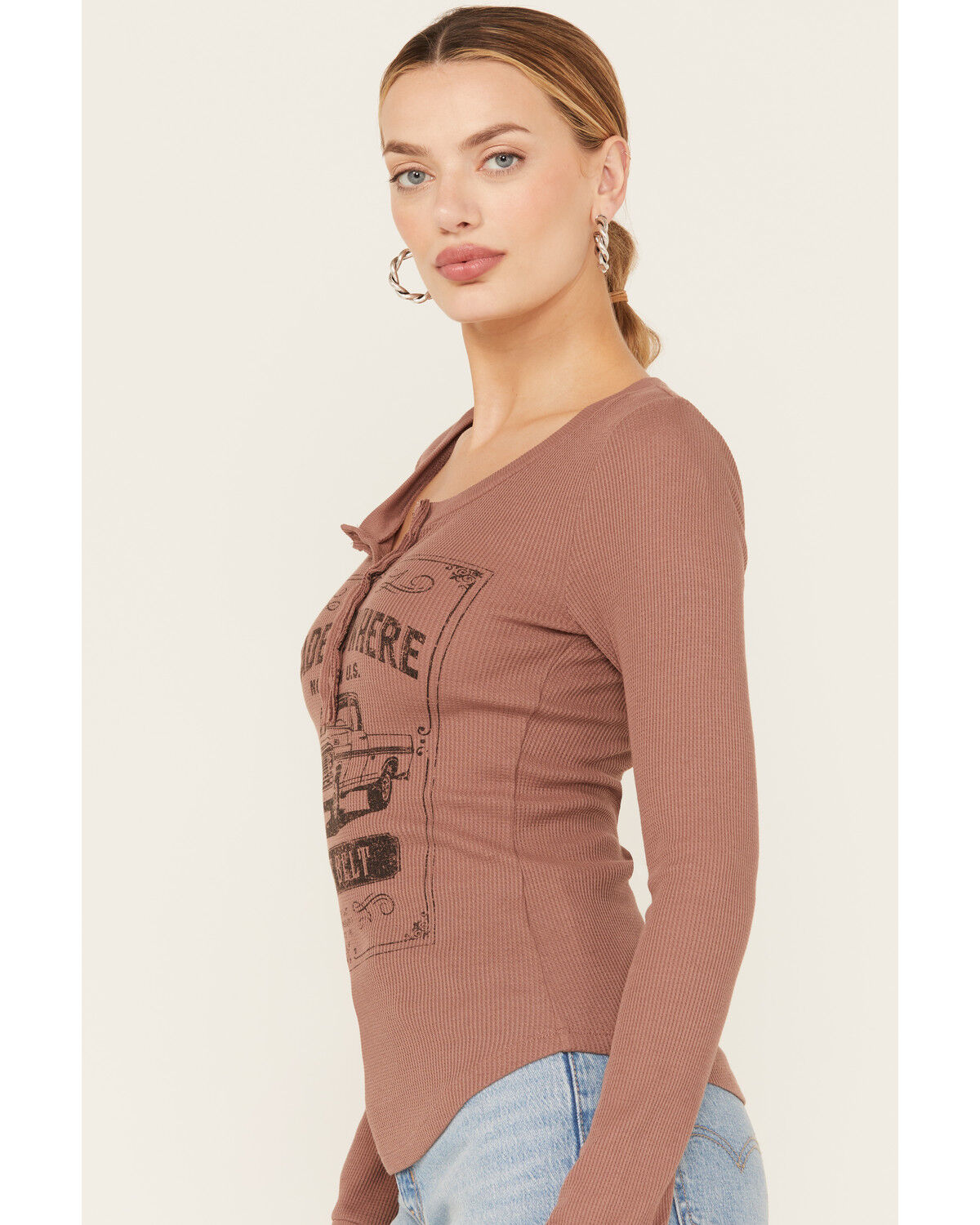 Image #2 - Cleo + Wolf Women's Rust Belt Long Sleeve Henley Shirt, Coffee, hi-res