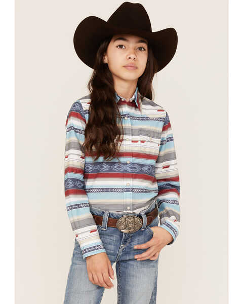 Roper Girls' West Made Southwestern Stripe Print Long Sleeve Western Snap Shirt, Multi, hi-res