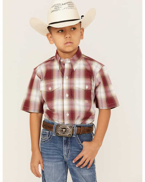 Roper Boys' Amarillo Plaid Print Short Sleeve Button-Down Shirt, Red, hi-res