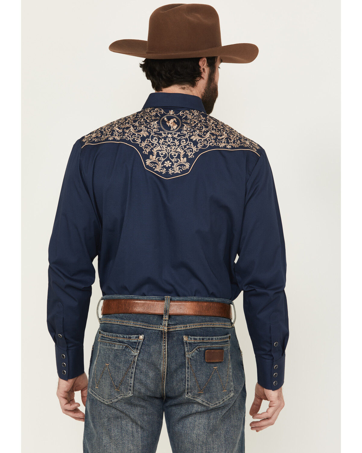 Image #4 - Rodeo Clothing Men's Embroidered Long Sleeve Pearl Snap Western Shirt, Navy, hi-res