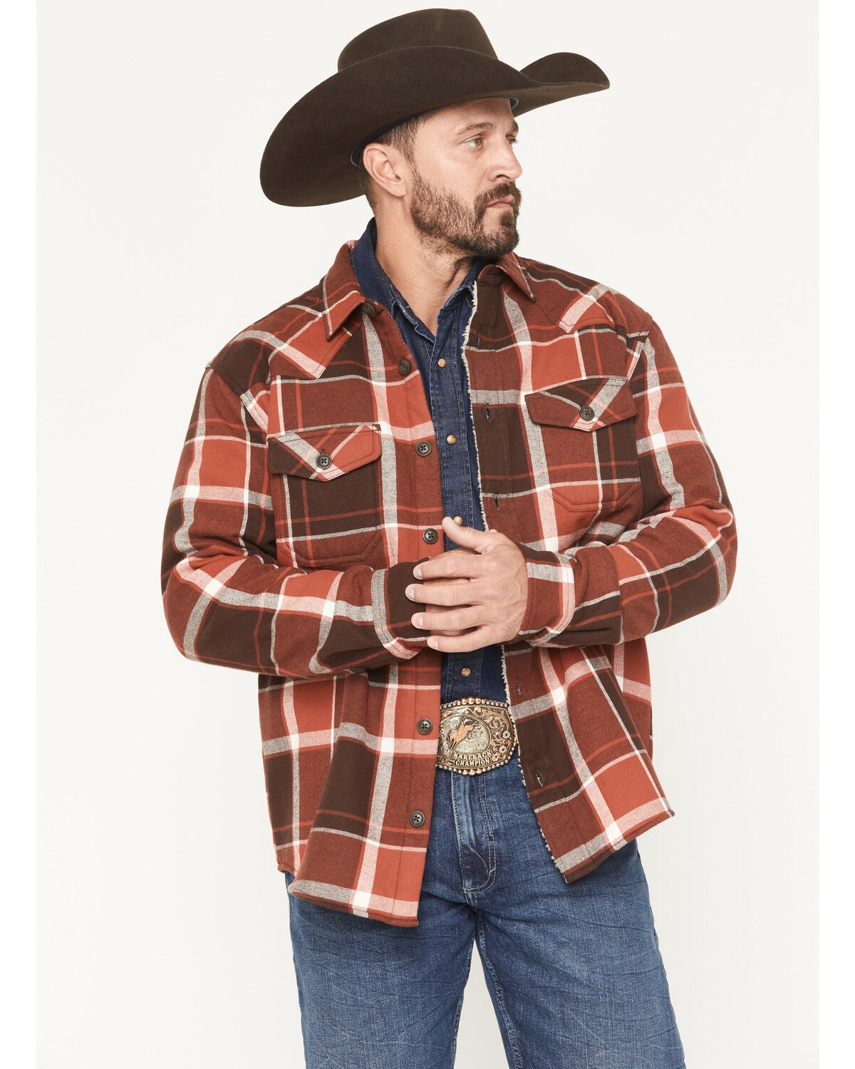 Cody James Men's Baxter Sherpa Lined Plaid Print Flannel Shirt Jacket, Rust Copper, hi-res