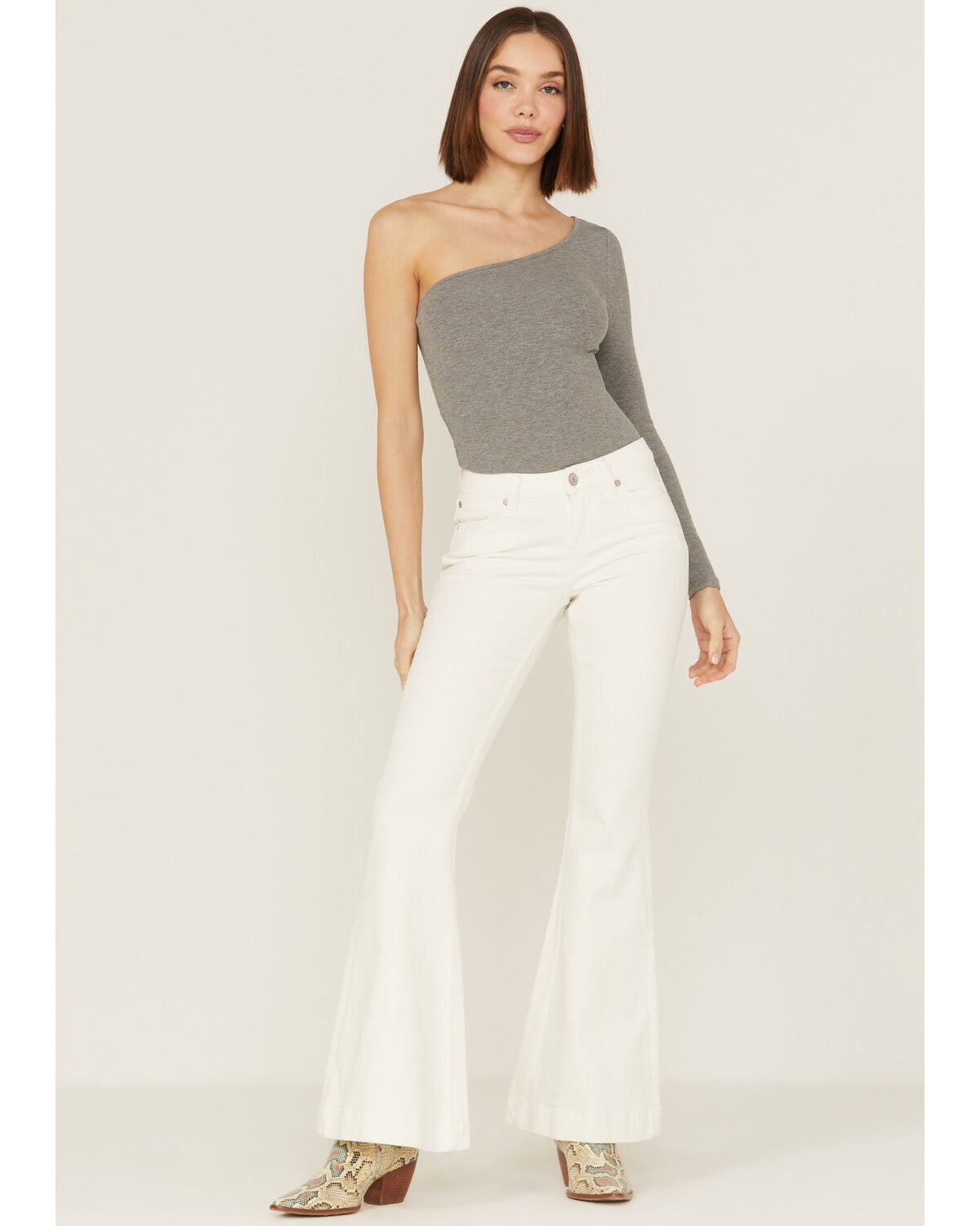 Shyanne Women's Mr. Flare Mid Rise White Cloud Dancer Flare Jeans, White, hi-res