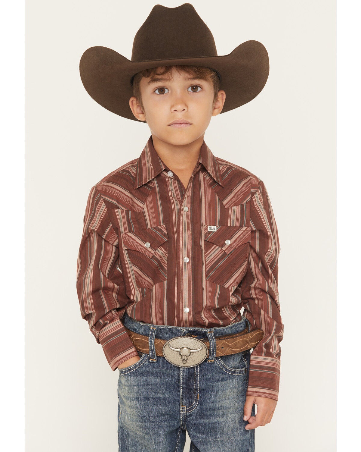 Ely Walker Boys' Striped Long Sleeve Pearl Snap Western Shirt, Burgundy, hi-res
