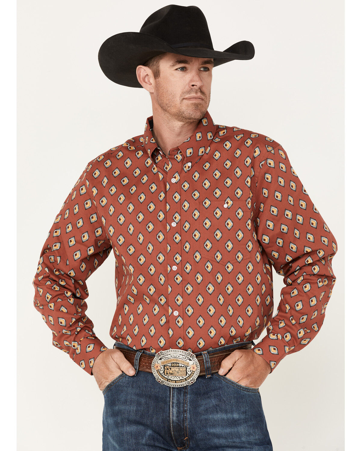 Image #1 - RANK 45® Men's Caballo Geo Print Long Sleeve Button-Down Western Shirt, Light Red, hi-res