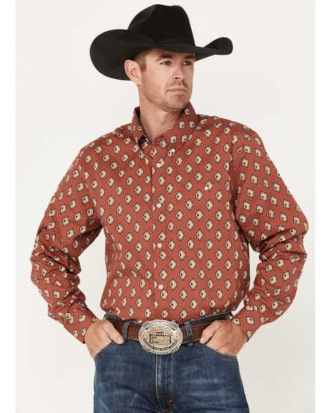 RANK 45® Men's Caballo Geo Print Long Sleeve Button-Down Western Shirt , Light Red, hi-res