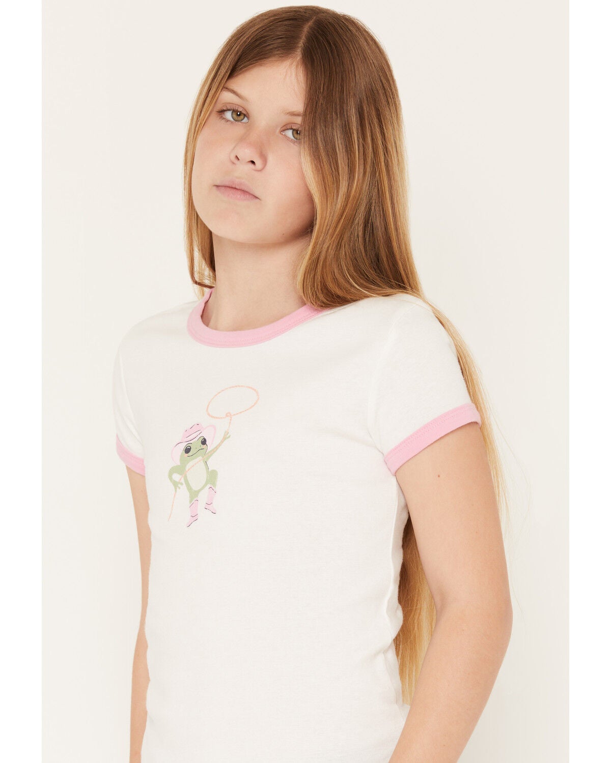 Image #2 - Originality Girls' Cowgirl Frog Short Sleeve Ringer Tee, Ivory, hi-res
