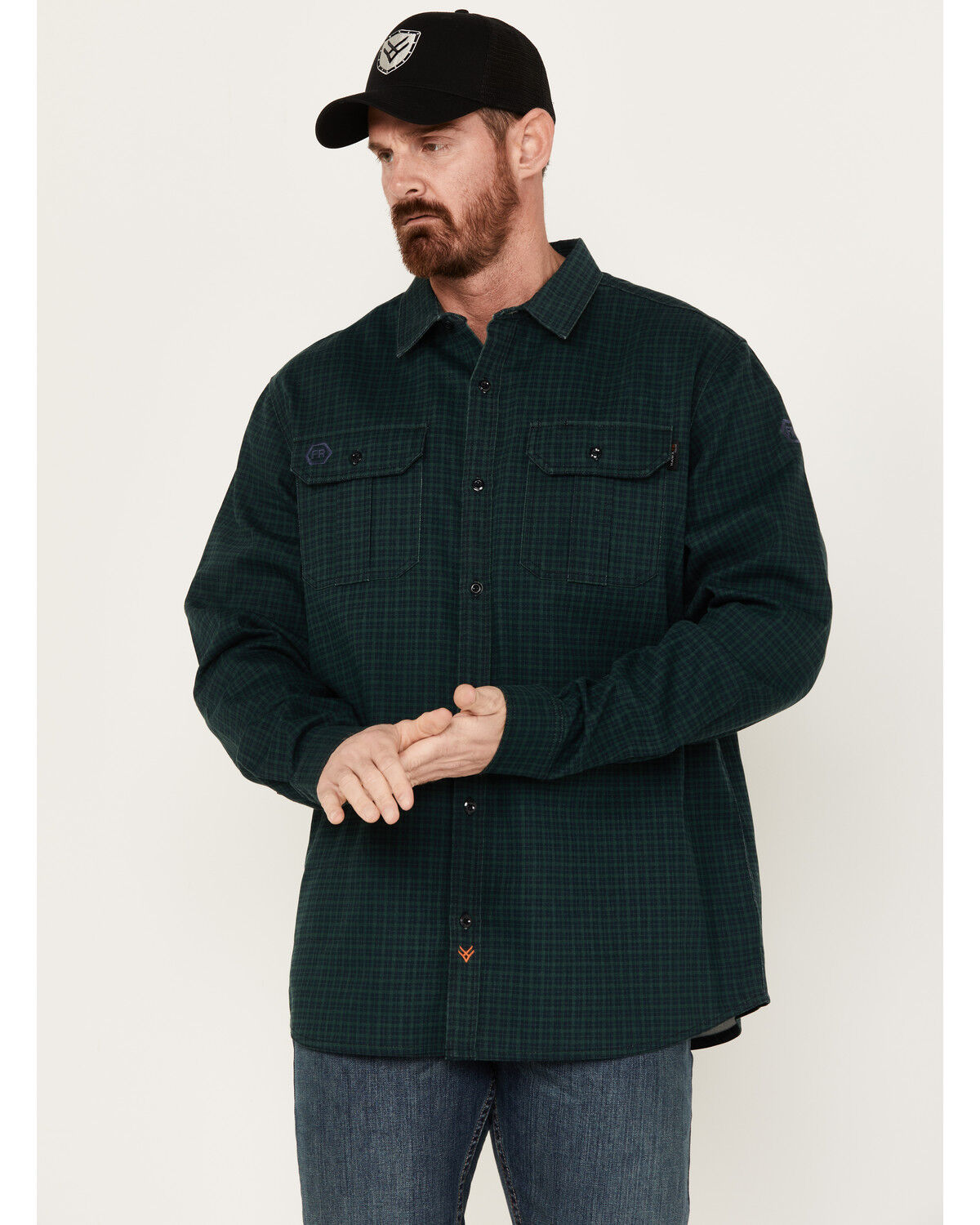 Image #1 - Hawx Men's FR Plaid Print Long Sleeve Button-Down Work Shirt, Green, hi-res