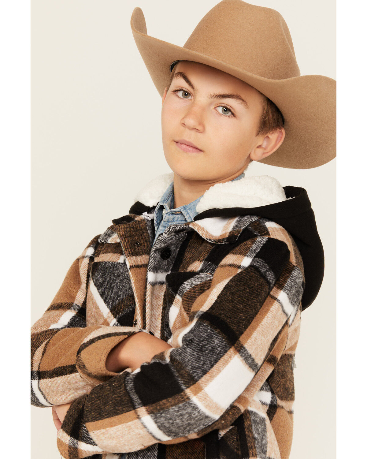 Image #2 - Urban Republic Little Boys' Plaid Print Sherpa Lined Snap Hooded Shacket, Brown, hi-res