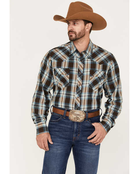 Roper Men's Plaid Print Long Sleeve Snap Western Shirt, Brown, hi-res