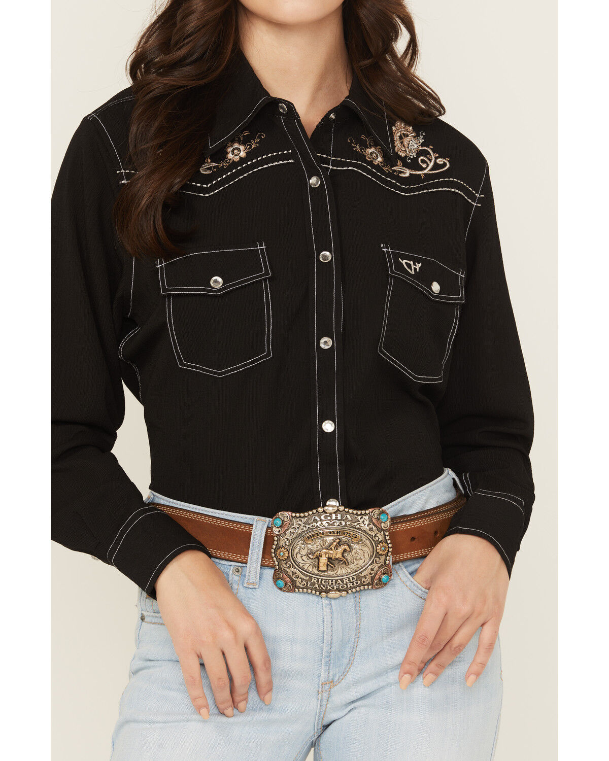 Image #3 - Cowgirl Hardware Women's Floral Embroidered Long Sleeve Snap Western Shirt, Black, hi-res