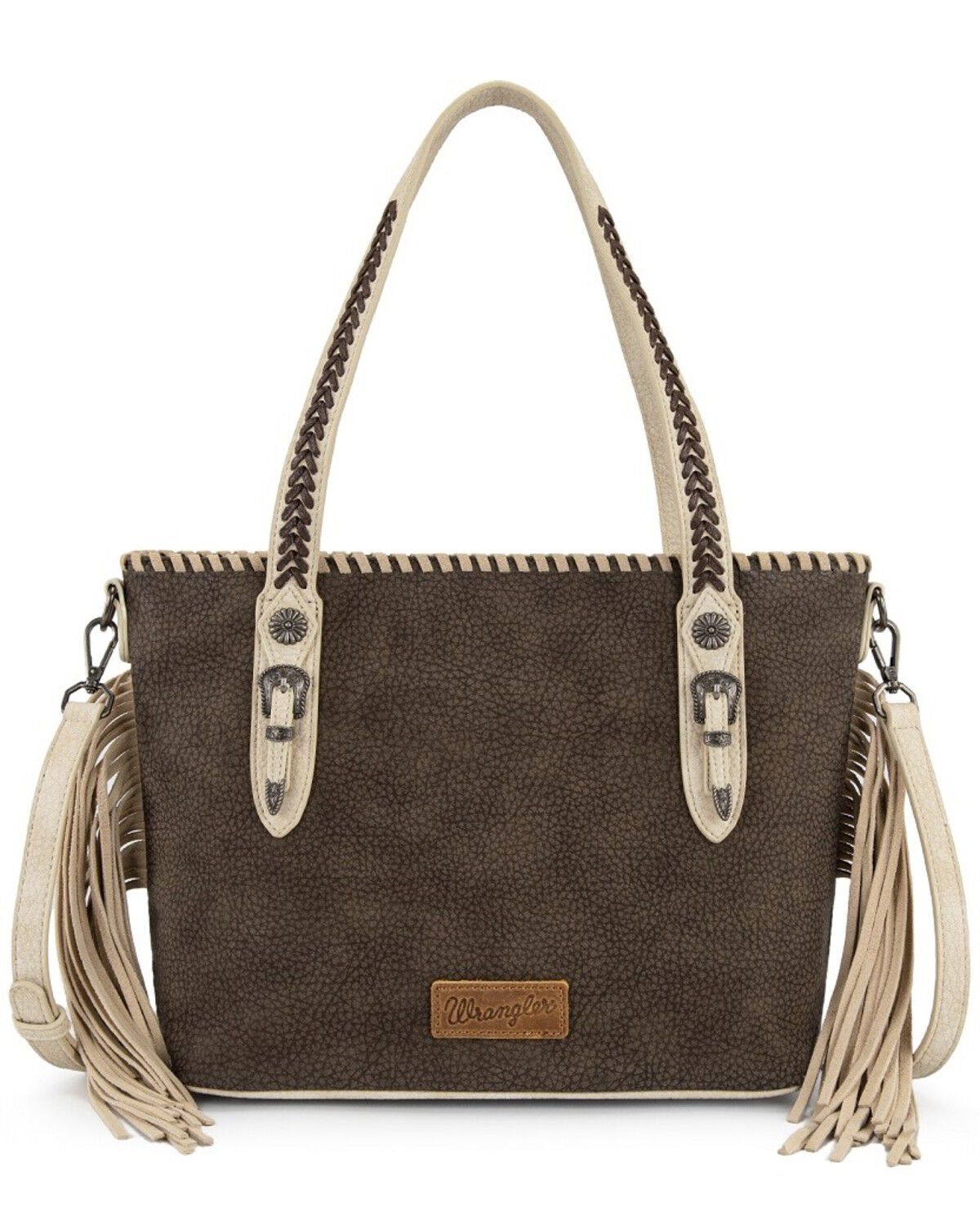 Wrangler Women's Braided Tassel Tote Bag, Coffee, hi-res