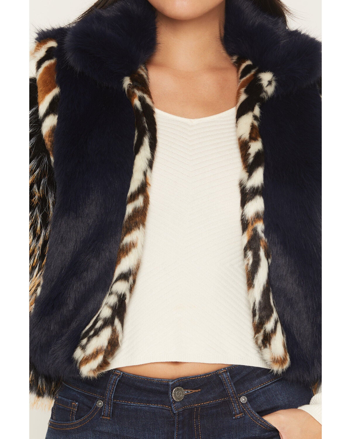 Image #3 - Azalea Wang Women's Boot Barn Exclusive Faux Fur Striped Vest, Navy, hi-res