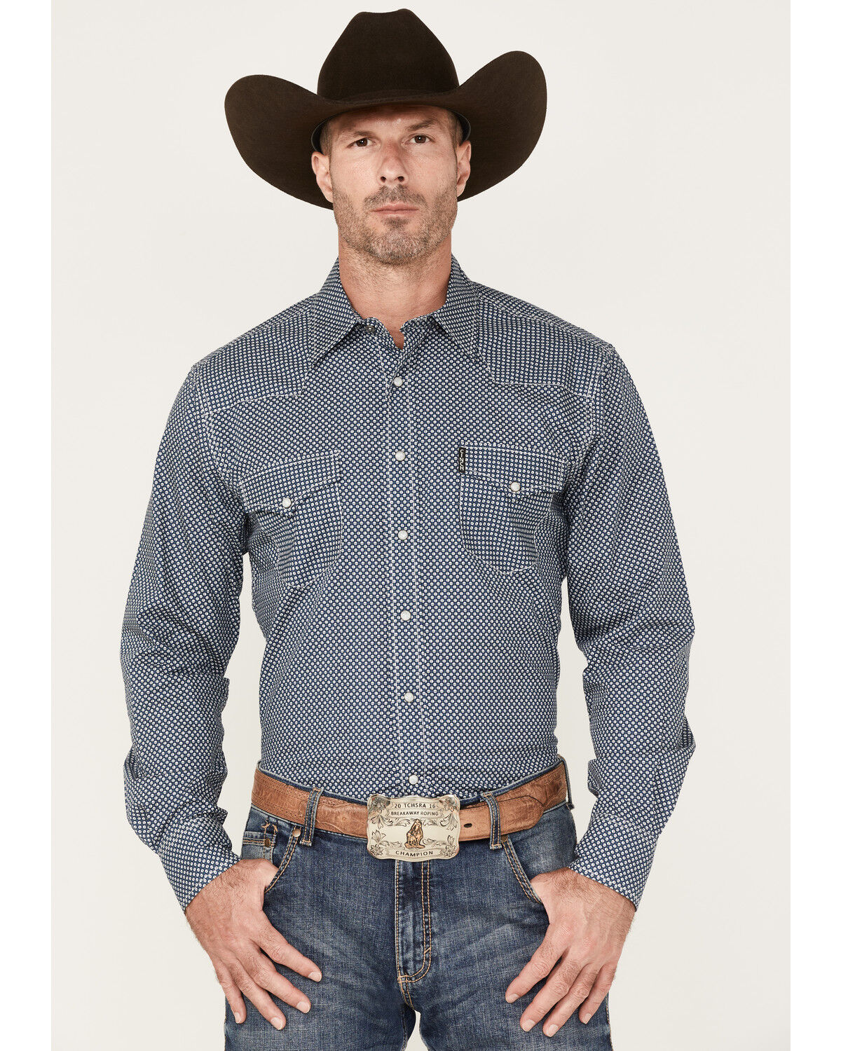 Image #1 - Cinch Men's Modern Fit Small Geo Print Snap Western Shirt, Blue, hi-res