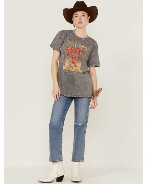 Image #2 - Youth in Revolt Women's Stay Wild Flower Child Black Mineral Wash Graphic Tee, Gray, hi-res