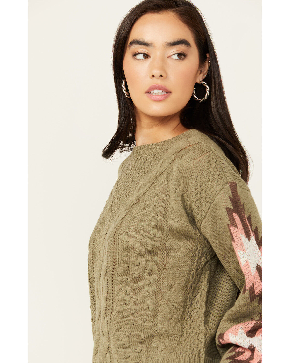 Image #2 - Rock & Roll Denim Women's Southwest Sleeve Long Sleeve Sweater, Olive, hi-res