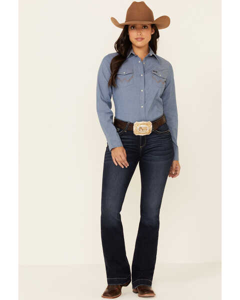 Image #2 - Wrangler Women's Solid Chambray Denim Long Sleeve Snap Western Core Shirt , Blue, hi-res