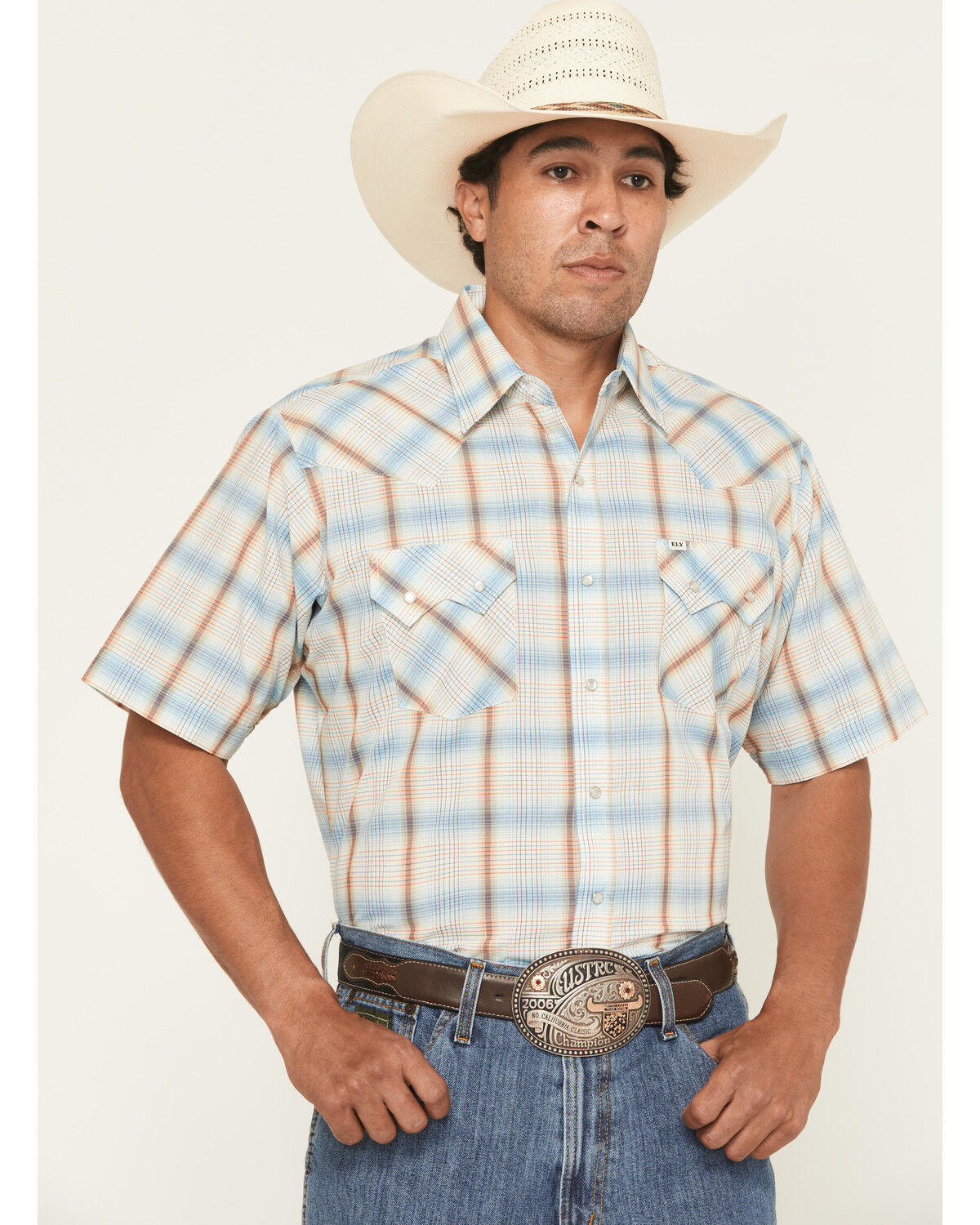 Image #1 - Ely Walker Men's Plaid Print Short Sleeve Snap Western Shirt, Light Blue, hi-res