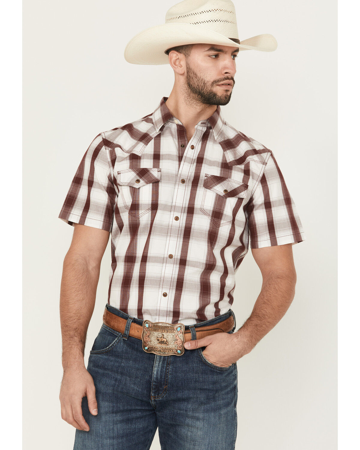 Image #1 - Moonshine Spirit Men's Memphis Plaid Print Short Sleeve Snap Western Shirt, Burgundy, hi-res