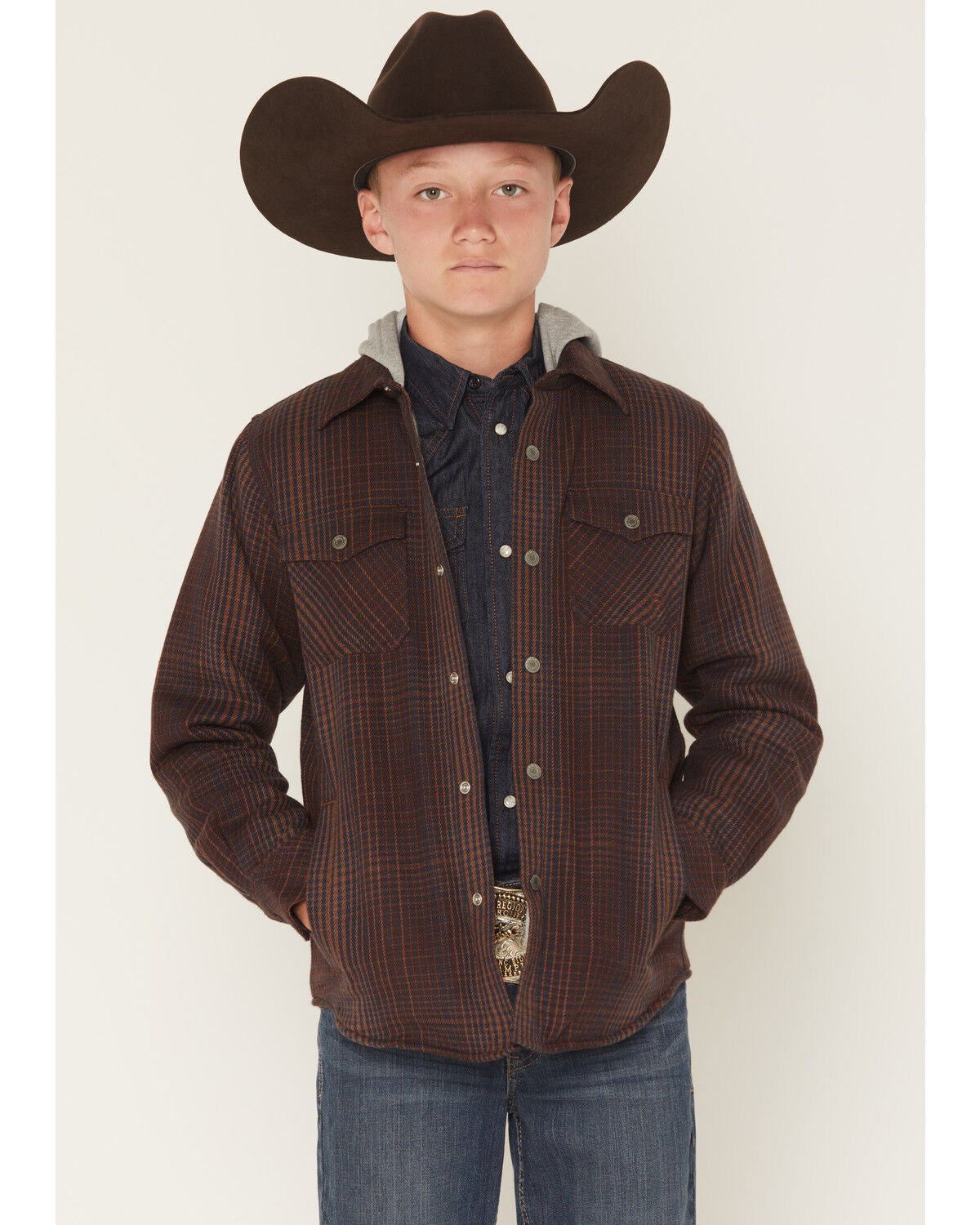 Ariat Boys' Retro Plaid Print Snap Shirt Jacket with Hood, Brown, hi-res