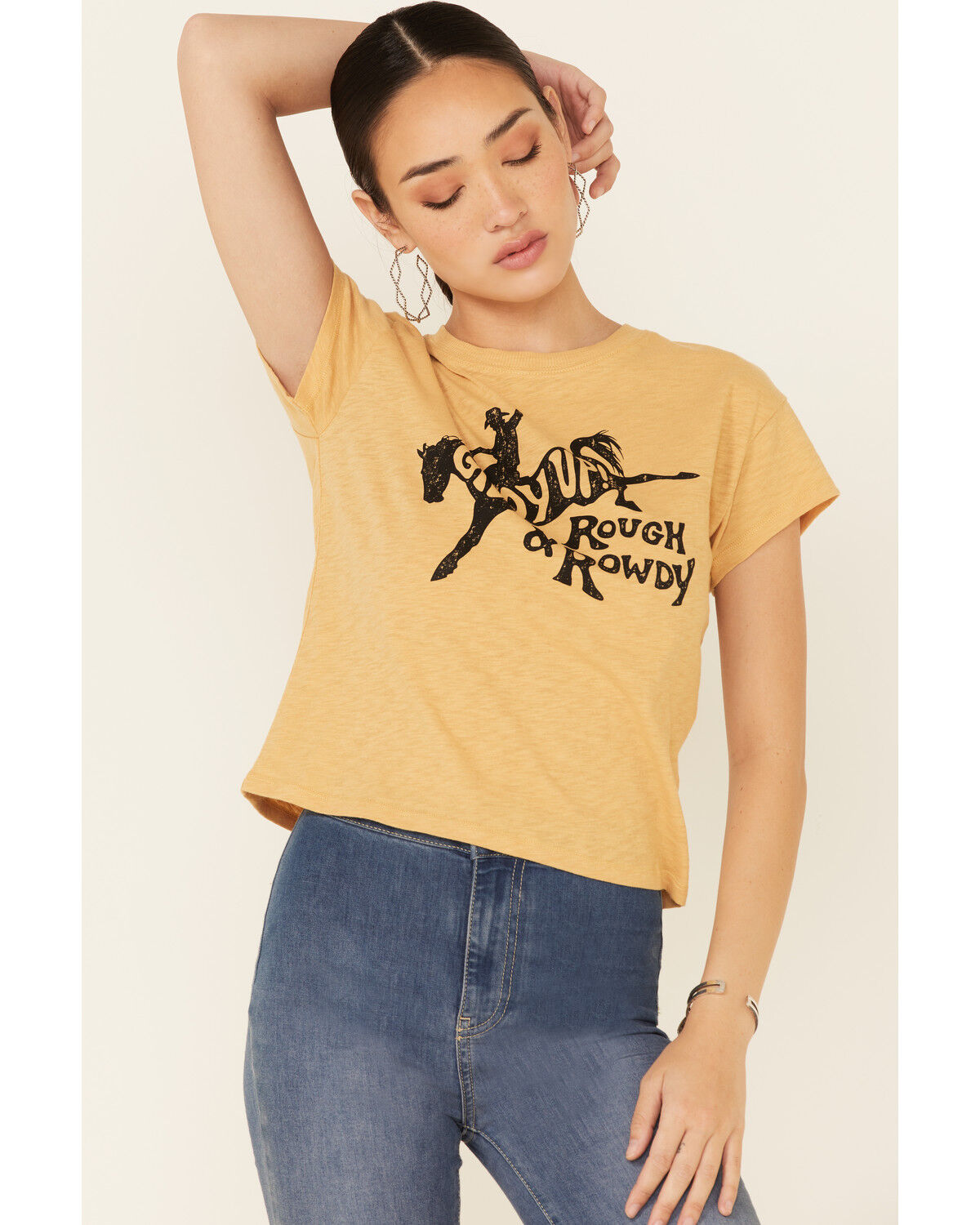 Image #1 - White Crow Women's Giddy Up Rough & Rowdy Graphic Short Sleeve Crop Tee, Dark Yellow, hi-res
