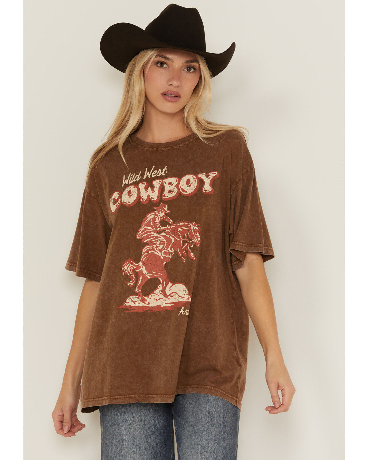 Image #1 - Ariat Women's Wild West Cowboy Short Sleeve Oversized Graphic Tee, Brown, hi-res
