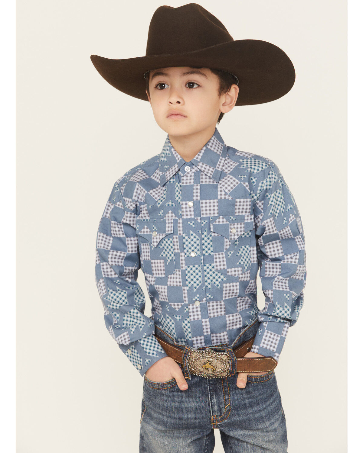 Image #1 - Ely Walker Boys' Quilted Print Long Sleeve Snap Western Shirt, Blue, hi-res